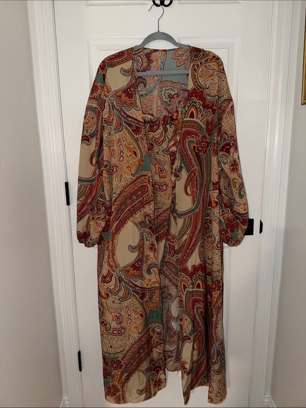Paisley Print Long Sleeve Kimono & Pants - Beige, Teal & Red